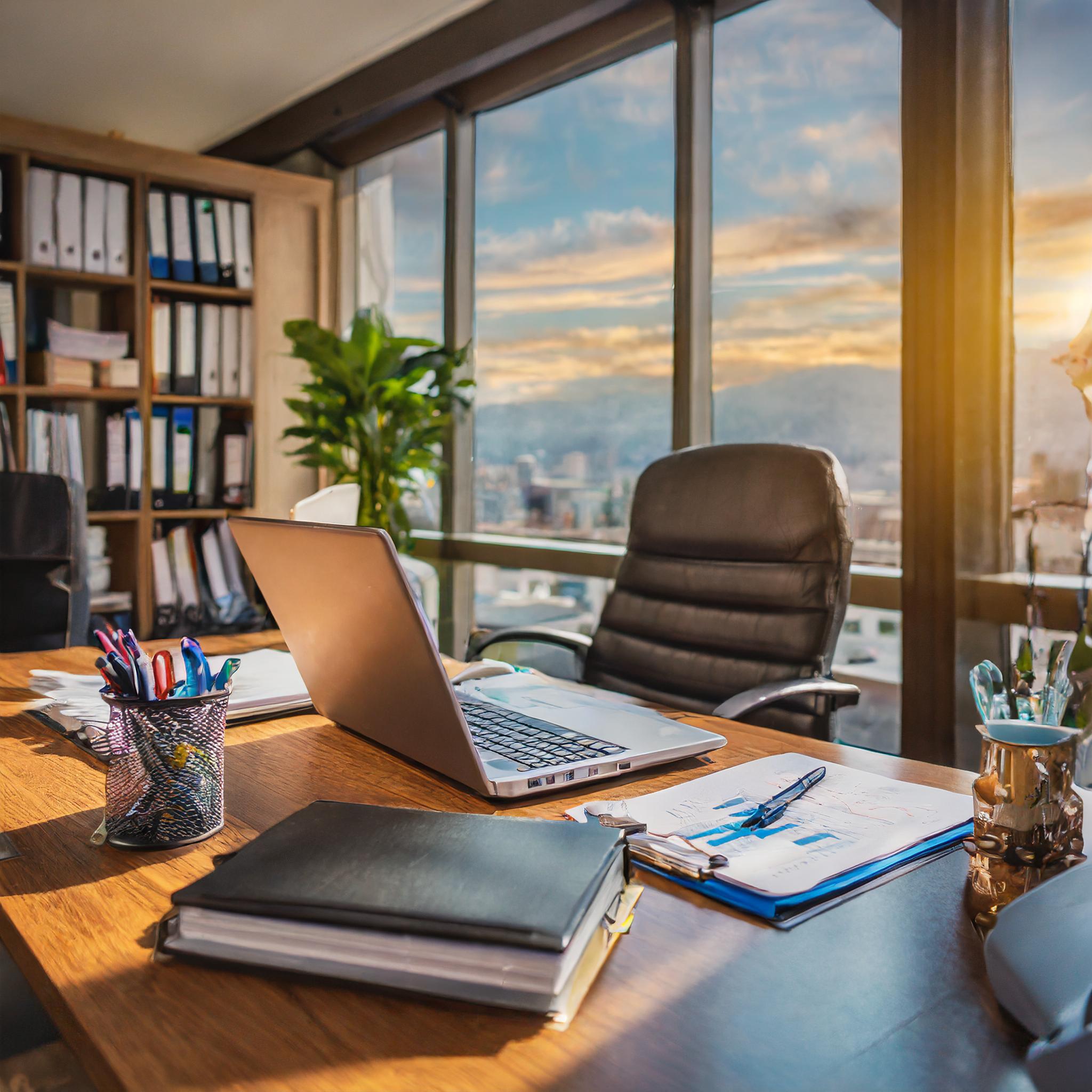 Elegantes Büro mit klassischem Design, Steuerdokumente und Laptop